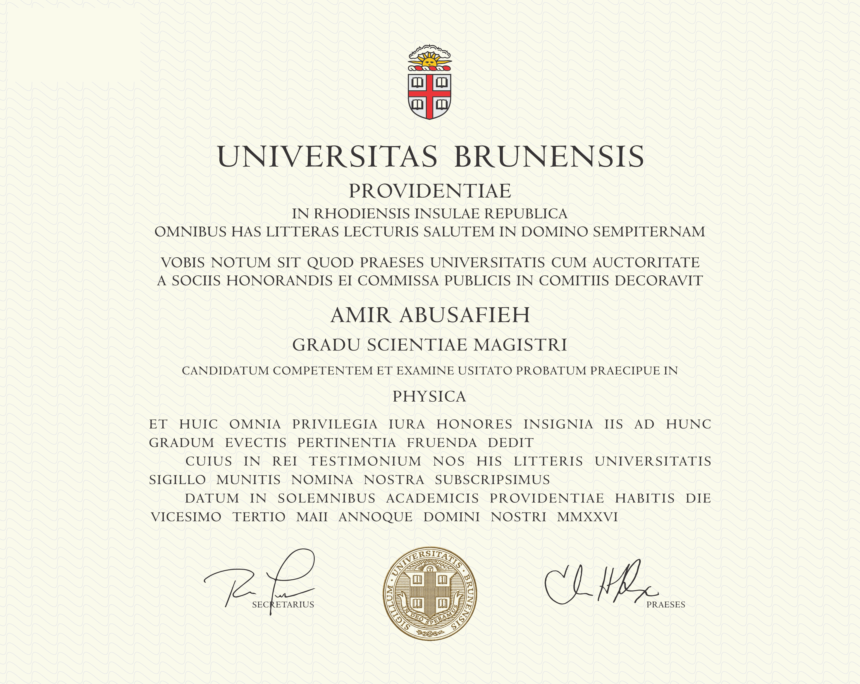 Brown University diploma, Master of Science in Physics, awarded to Amir Abusafieh.