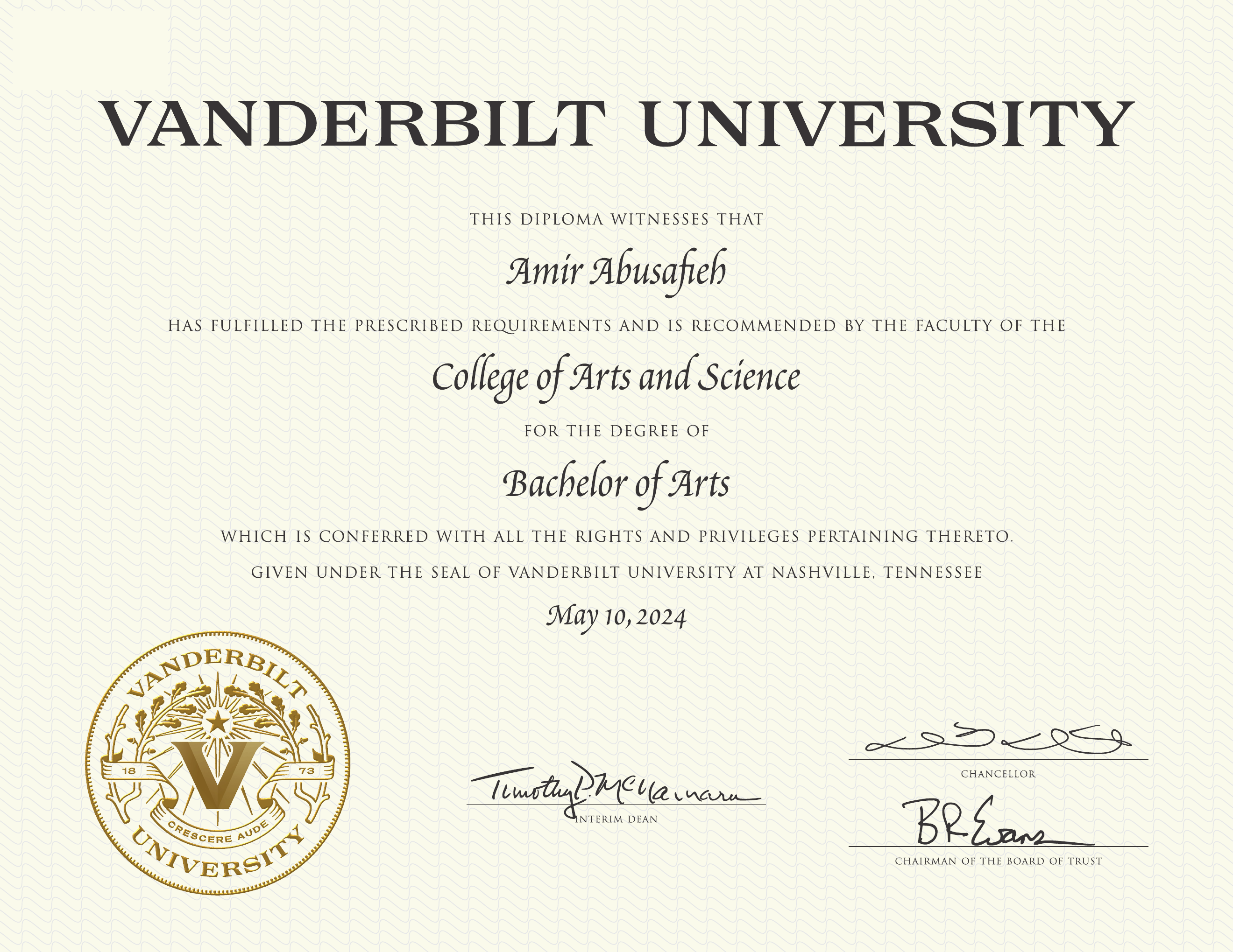 Vanderbilt University diploma, Bachelor of Arts, awarded to Amir Abusafieh.