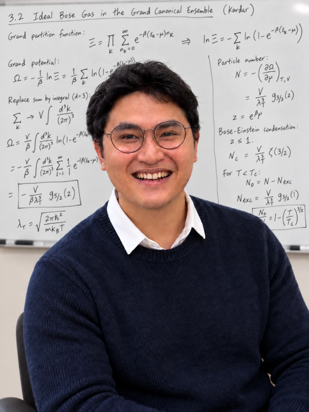 Amir smiling in front of a physics whiteboard