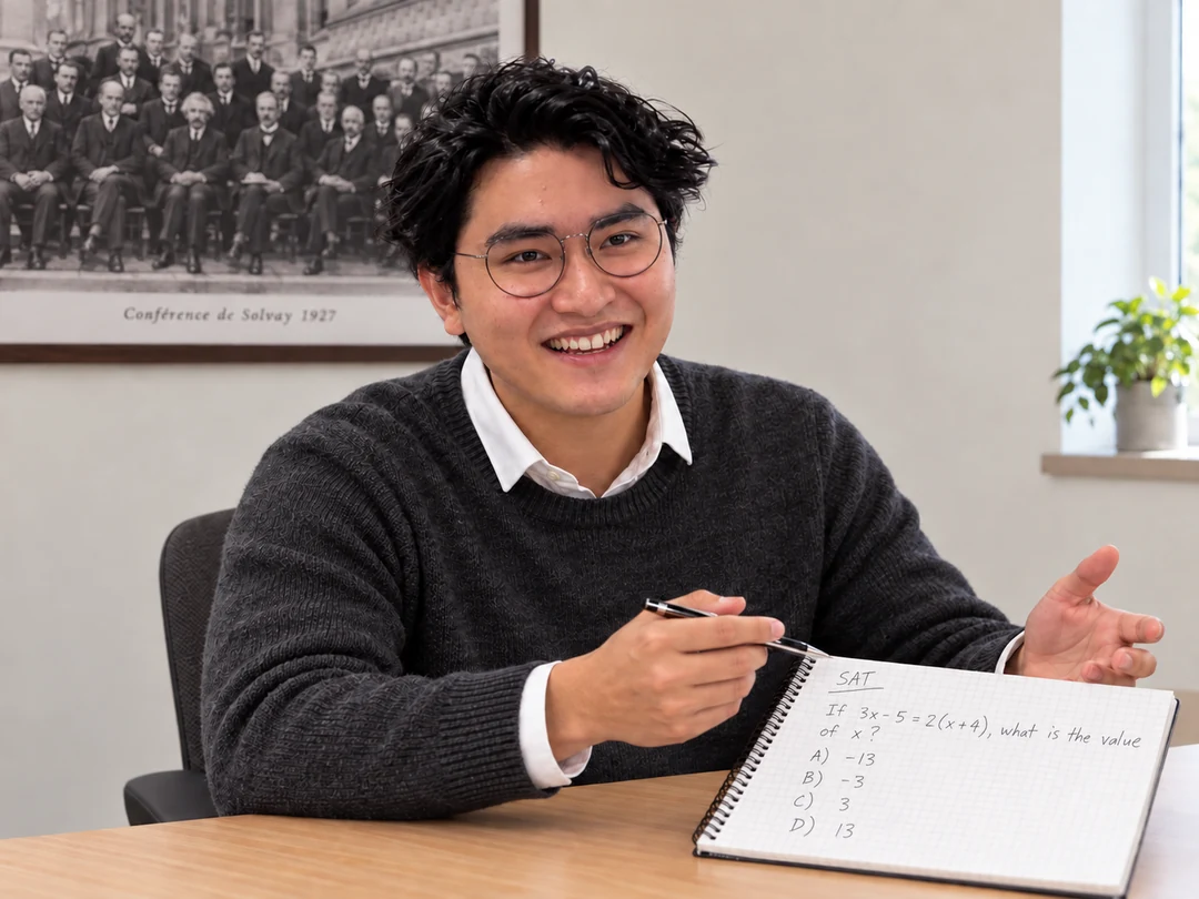 Amir at a desk, holding a pen beside an open notebook.