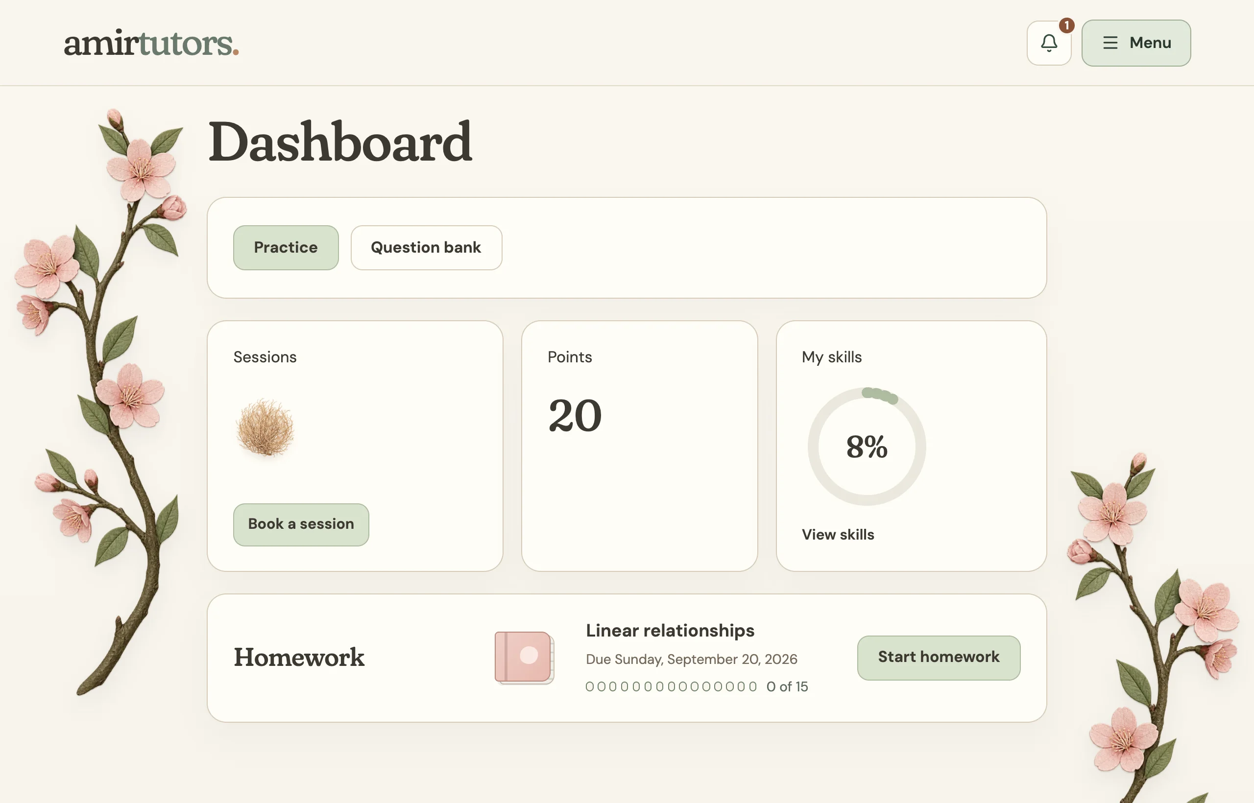 The student dashboard on the practice site, showing the plan, points and skills.