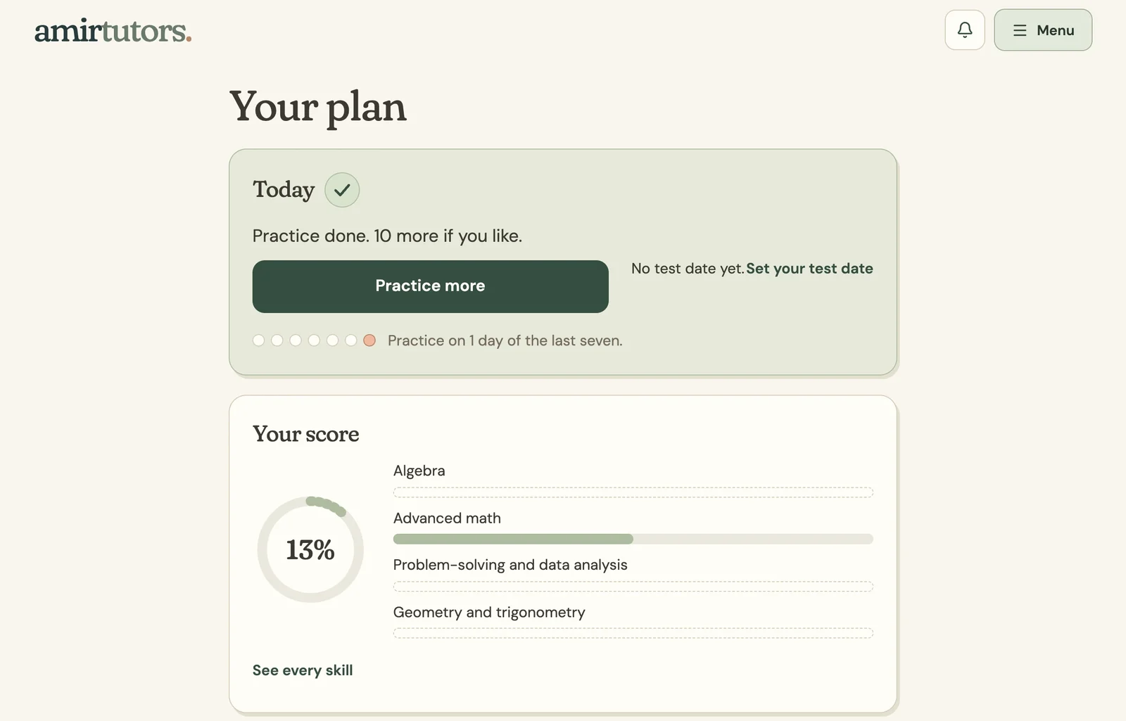 The plan page, showing what to practise today and where each skill stands.