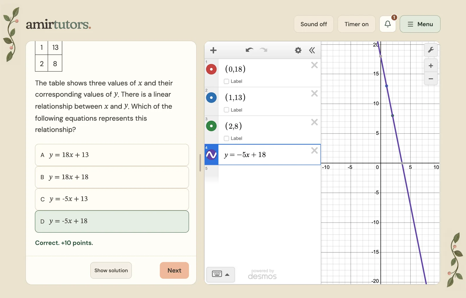 A checked answer in the practice workspace, with the solution one press away.