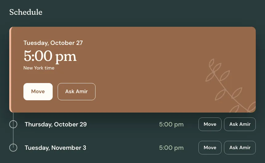 The schedule: the next lesson, Tuesday, October 27 at 5:00 pm New York time, with Move and Ask Amir, and the two lessons after it.